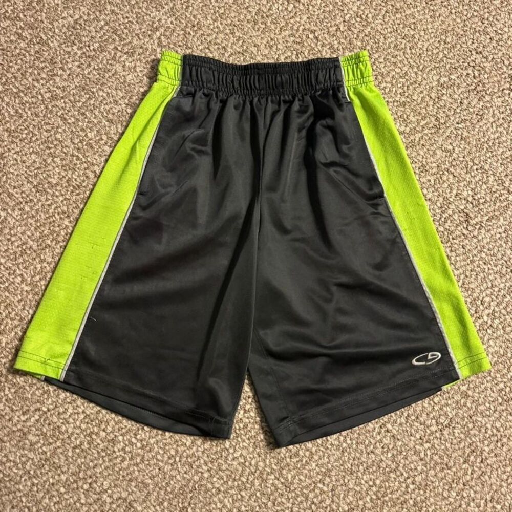 Champion Athletic Shorts Boys M 8-10 Black Neon Green Side Stripe